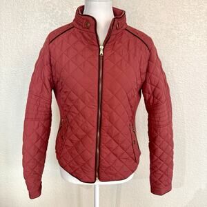 Love Tree Diamond Quilted Jacket Women’s Size Medium Dark Red Full Zip Gold Trim